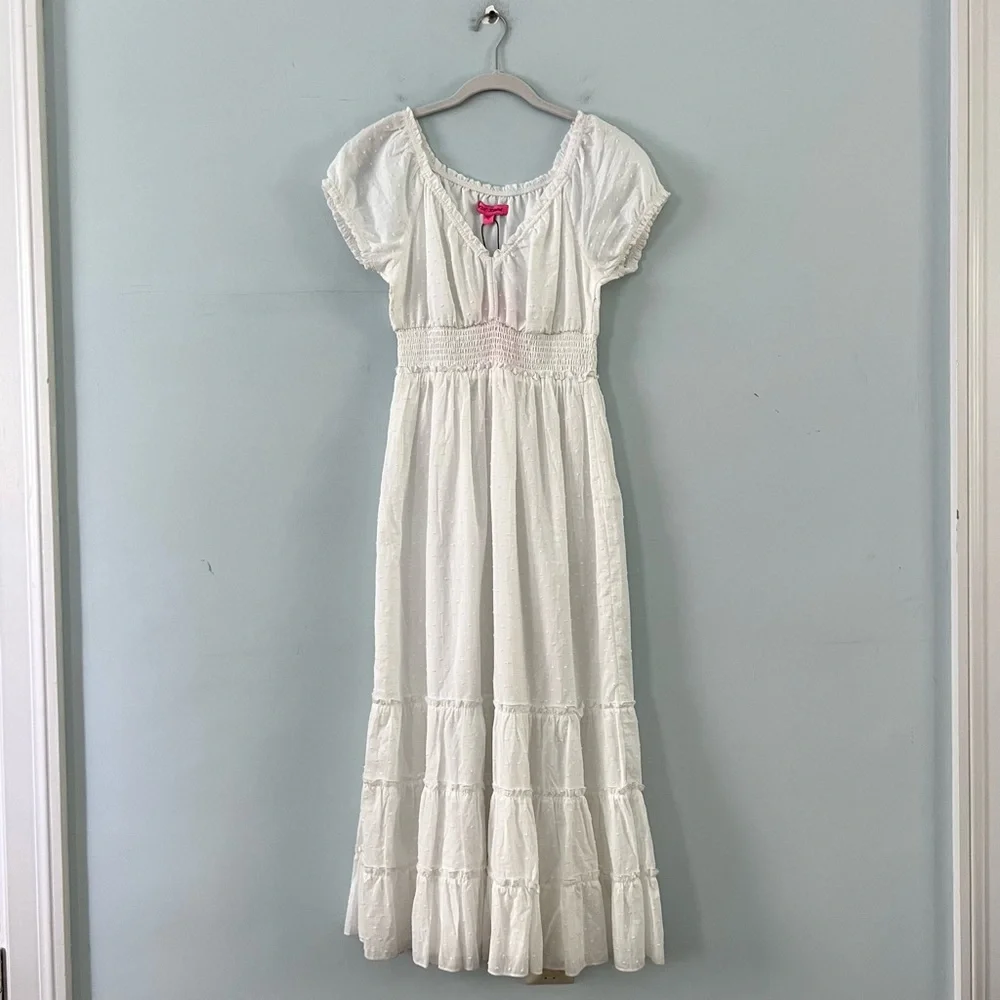 NWT‎ Betsey Johnson Cotton Clip Dot Smocked Puff Sleeve Optic White Midi Dress
